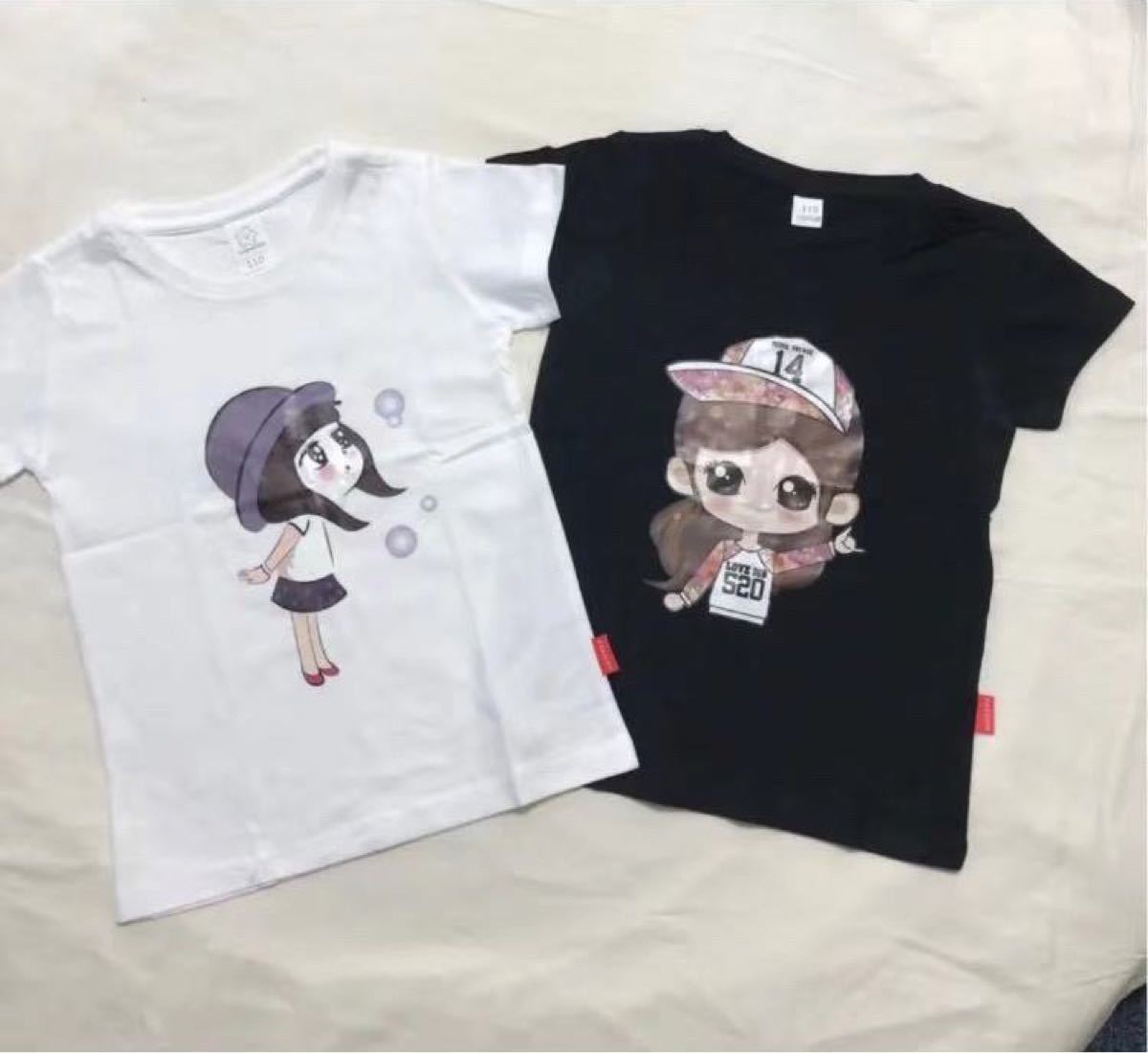 キッズトップス　キッズTシャツ【黒+白】100　可愛い人形プリント2枚セット　安い夏子供服