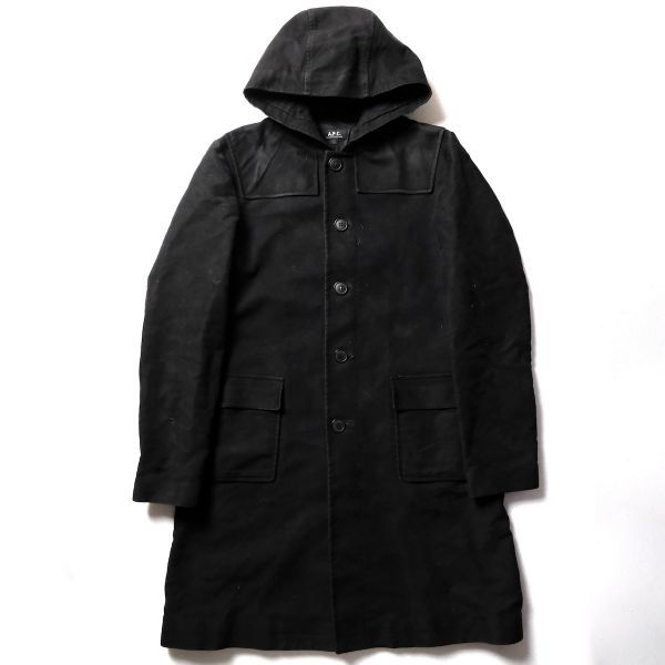 90's フランス製 A.P.C. アーペーセー モールスキン フーデッド コート 黒 (1) ブラック コットン フード パーカー 90年代 旧タグ オールド