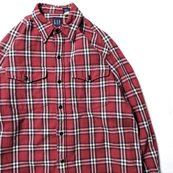 90's 00's ギャップ GAP チェック コットン ヘビーネルシャツ (S) 赤ベース 90年代 00年代 旧タグ オールド 青タグ フランネルシャツ