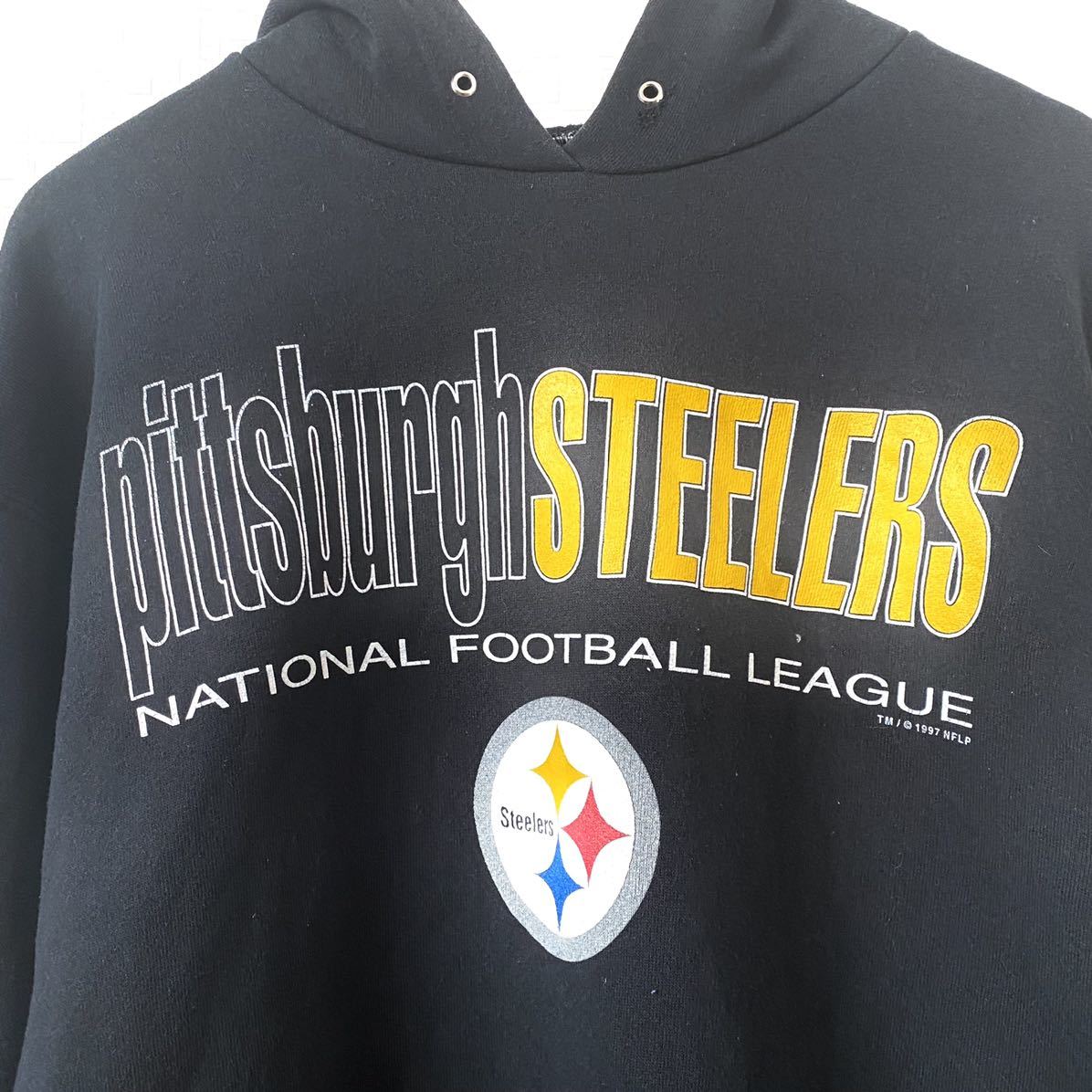 ■90s 90年代 ビンテージ FRUIT OF THE LOOM NFL Pittsburgh STEELERS スティーラーズ スウェット パーカー フーディー 古着 ブラック■_画像2