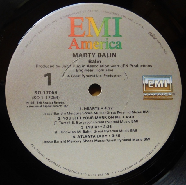 MARTY BALIN (JEFFERSON AIRPLANE)「BALIN」米ORIG [EMI-AMERICA]シュリンク美品_画像5