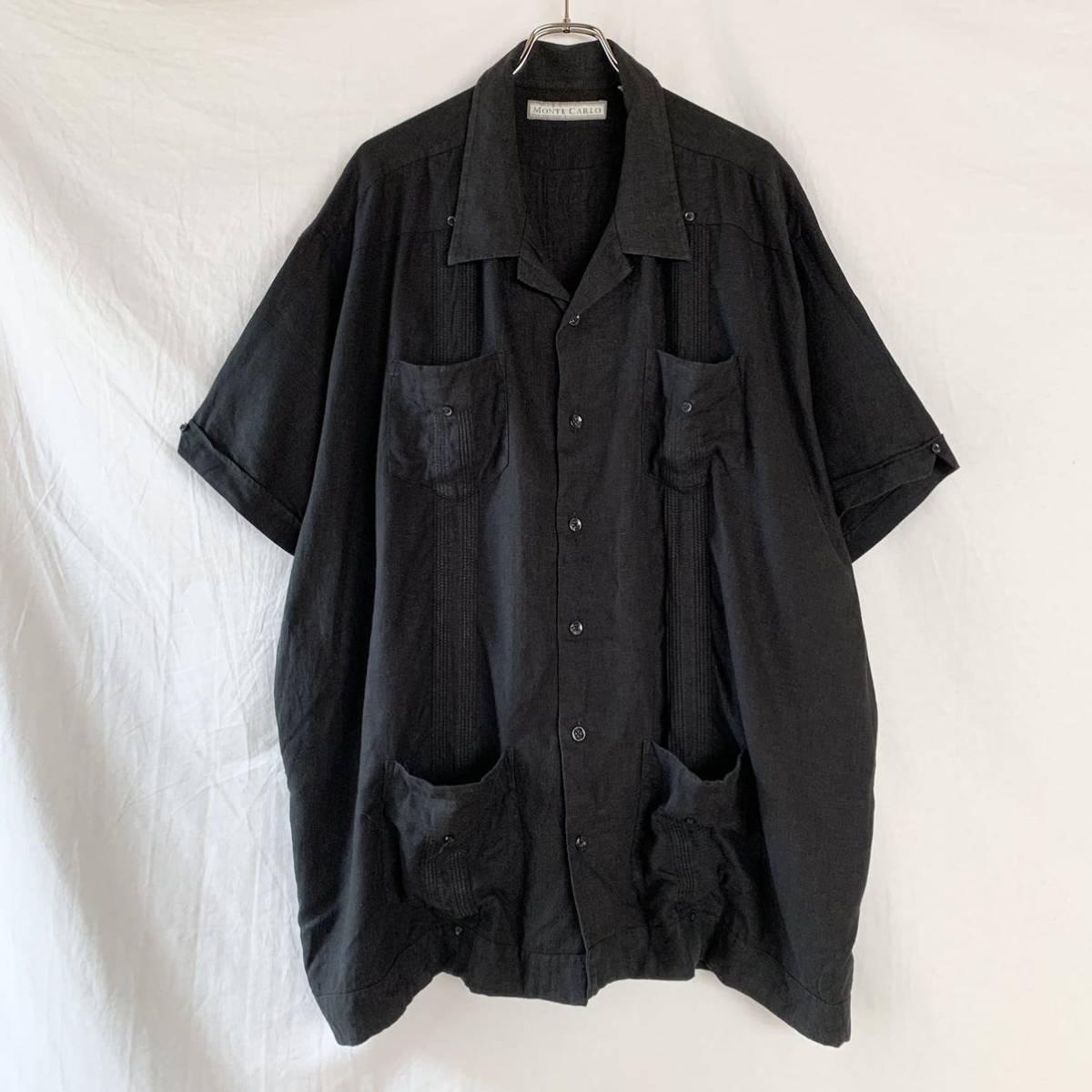 BIG SIZE 3X XXXL (54/56) MONTE CARLO 半袖 キューバシャツ レーヨン×リネン ブラック 黒 希少 レア ヴィンテージ OLD ビッグサイズ