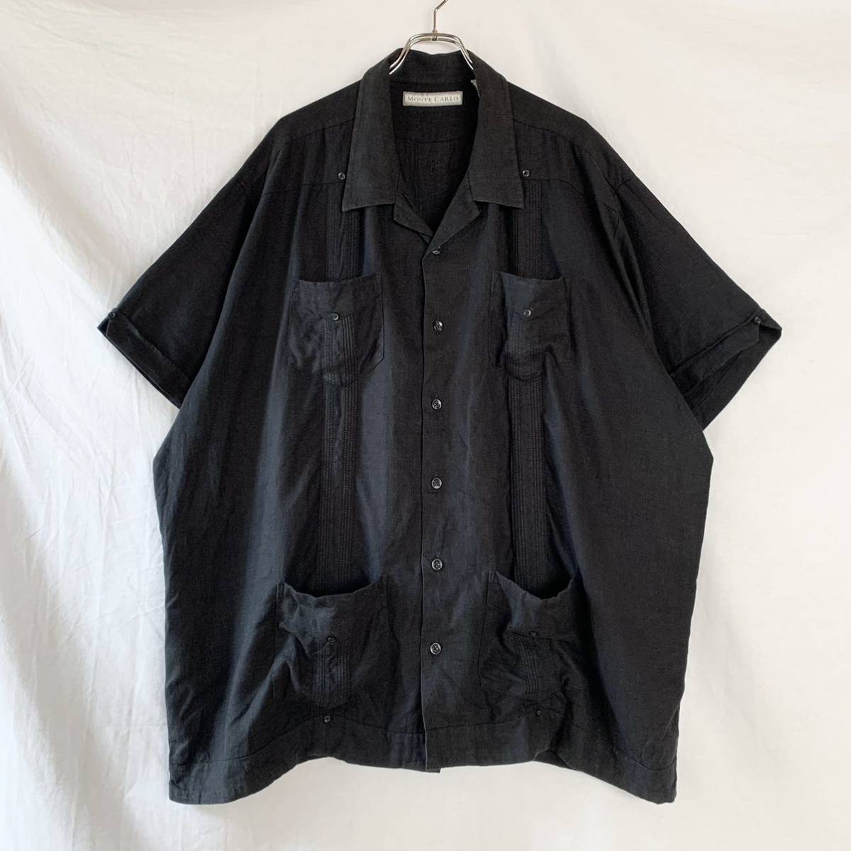 BIG SIZE 3X XXXL (54/56) MONTE CARLO 半袖 キューバシャツ レーヨン×リネン ブラック 黒 希少 レア ヴィンテージ OLD ビッグサイズ_画像6