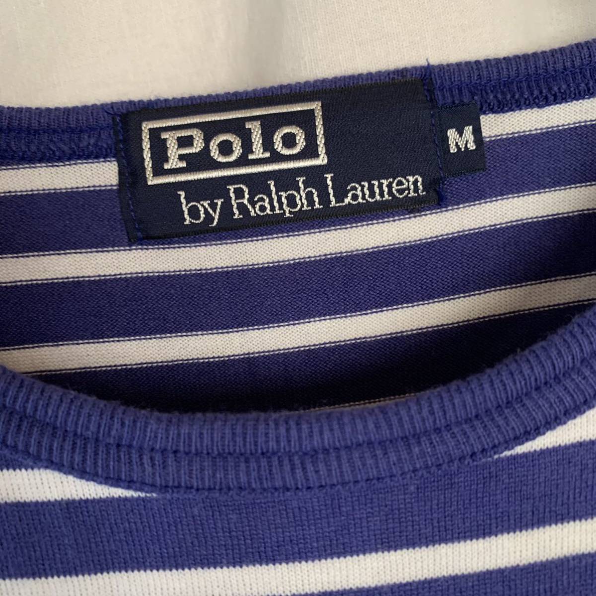 90s Polo by Ralph Lauren ポロ ラルフローレン 半袖 ボーダーT M 青×白 マリン ヴィンテージ Tシャツ 星条旗 ロゴ_画像3