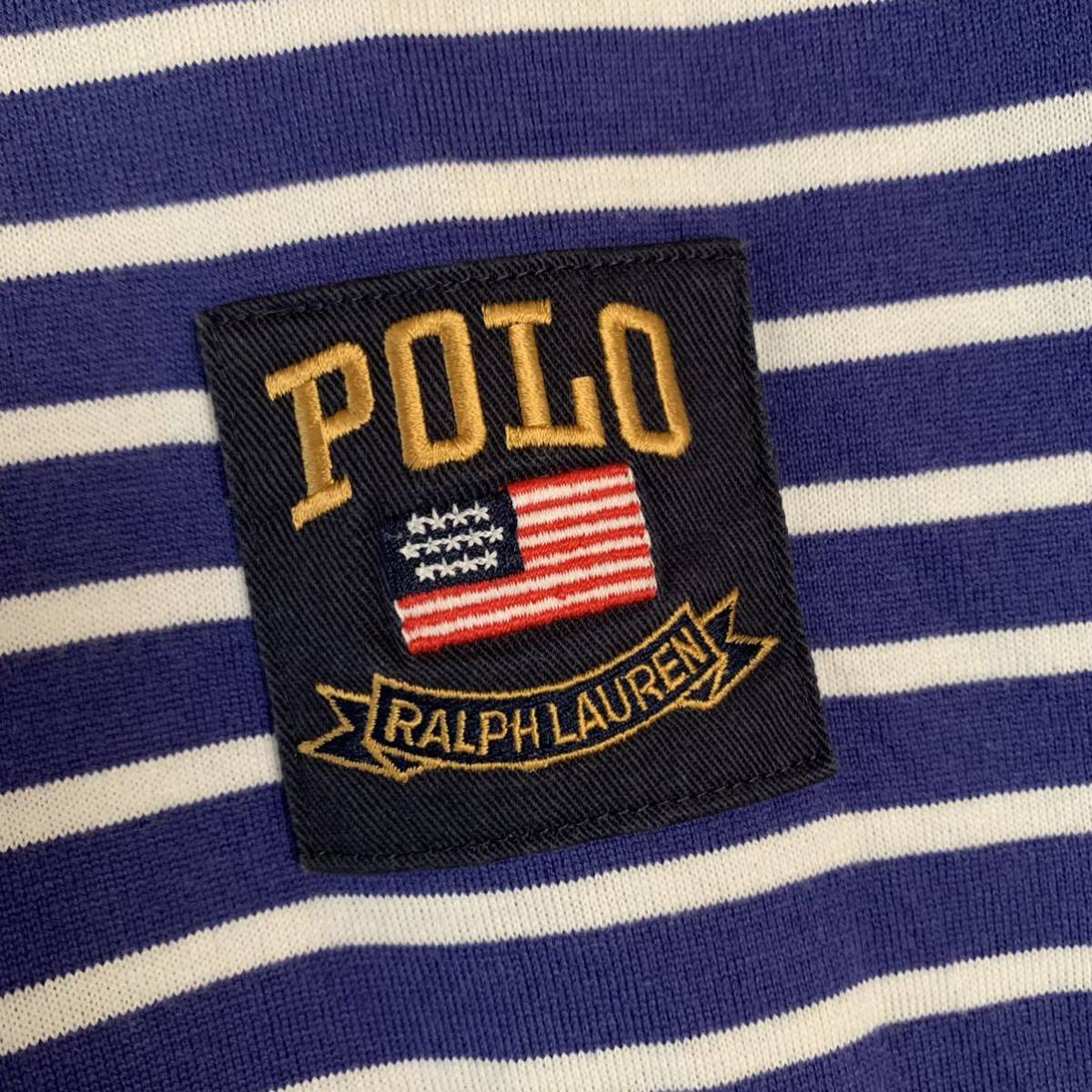 90s Polo by Ralph Lauren ポロ ラルフローレン 半袖 ボーダーT M 青×白 マリン ヴィンテージ Tシャツ 星条旗 ロゴ_画像4