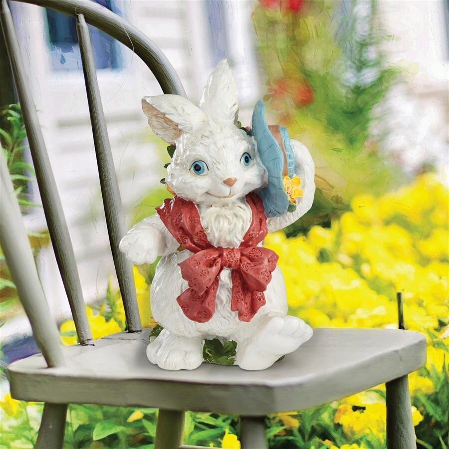 帽子と花籠を持つ女の子ウサギの像 パステルカラーインテリア置物屋外洋風オブジェふわふわバニー兎カラフル装飾フィギュア人形雑貨リボン 