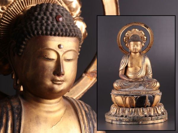 ヤフオク! - 仏教美術 室町～江戸時代 時代木彫 金彩 宝石象嵌 玉眼入