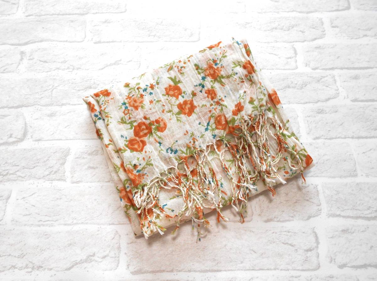 〔未使用 新品 送料無料！〕 pour la frime プーラフリーム ベージュ フラワー プリント コットン ガーゼ ストール ( 花柄 柄 綿 洗える )
