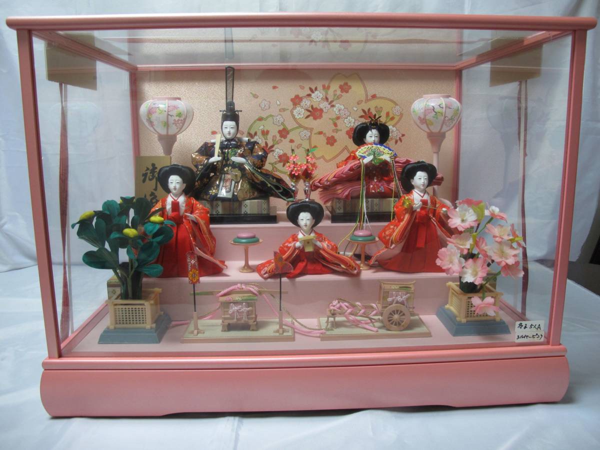 新品即決 雛人形 芥子五人飾り シルバーピンク 桜づくし ガラスケース