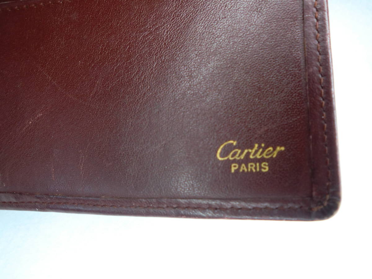 【USED】送料無料 Cartier カルティエ 二つ折り財布/ボルドーレザー 札入れ×1 マルチポケット×2付 A005 