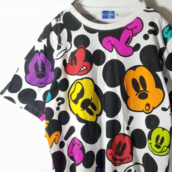 ディズニーリゾート 東京ディズニーランド ミッキーマウス 総柄 半袖tシャツ Mサイズ 白 カラフル