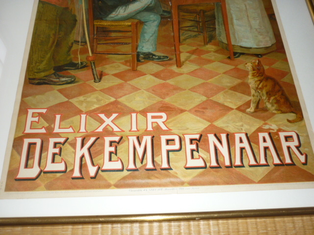 ■希少 美品 1905年 額装 ベルギー！『ELIXIR DEKEMPENAAR』ヴィンテージ オリジナル 石版画 酒類ポスター 縦87ｃｍ,横66.5ｃｍ,厚さ2ｃｍ