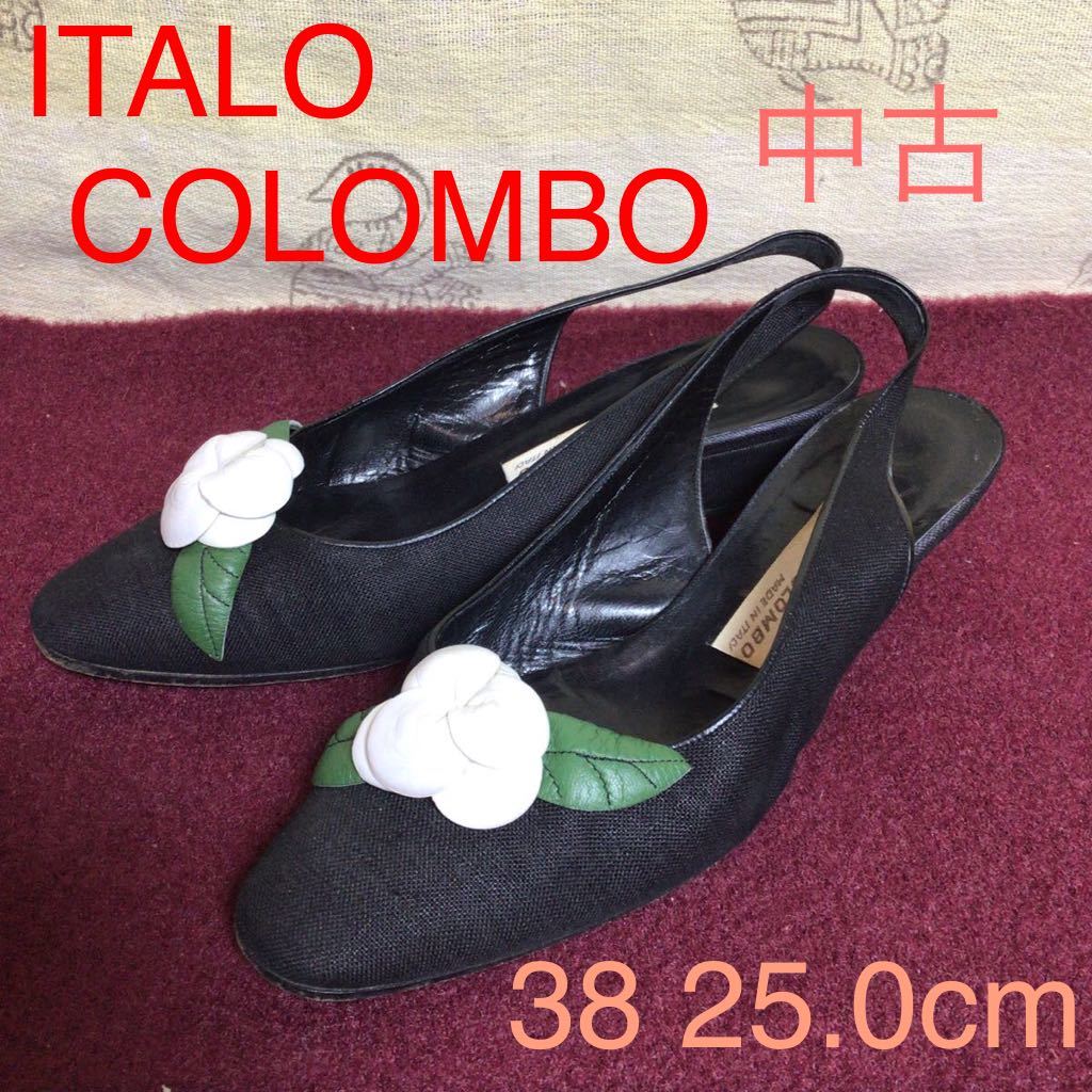 【売り切り!送料無料!】A-107 ITALO COLOMBO!コロンボ!バックストラップパンプス!黒!38!25.0cm!太ヒール!花モチーフ!イタリア製!中古!_画像1