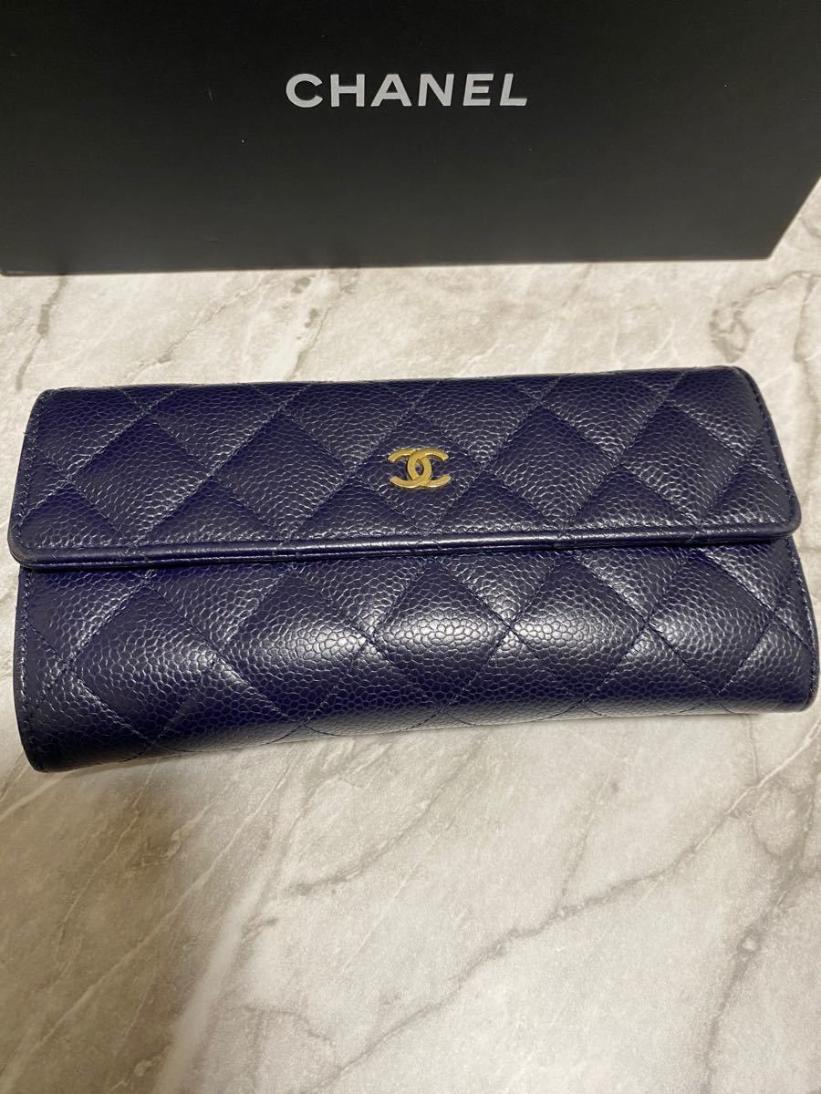 CHANEL マトラッセ キャビアスキン 長財布 ネイビー