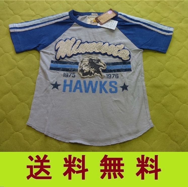 新品 アメカジ Tシャツ KIDS【 １００ cm 】ブルーｘブラウン ベースボールHAWKS_画像1