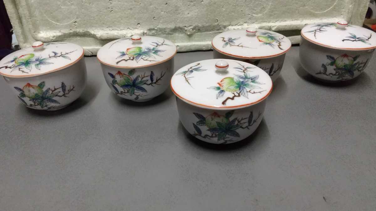 旧家買い取り品湯呑み5個中国古玩美術桃画古い手書き煎茶道具- JChere