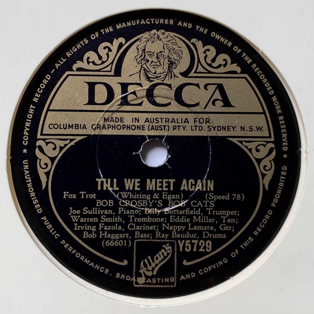 BOB CROSBY*S BOB CATS / TILL WE MEET AGAIN/THE LOVE NEST (DECCA Y5729) SP запись 78RPM JAZZ {.}