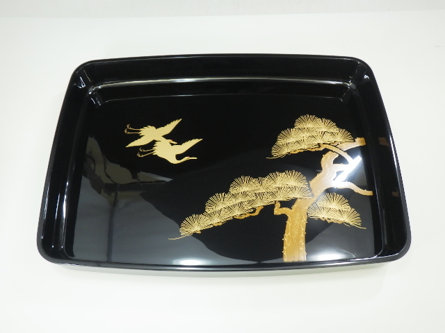 h1D159Z1 越前漆器 越前塗 角盆 進物盆 祝い盆 天然漆塗 松に双鶴蒔絵