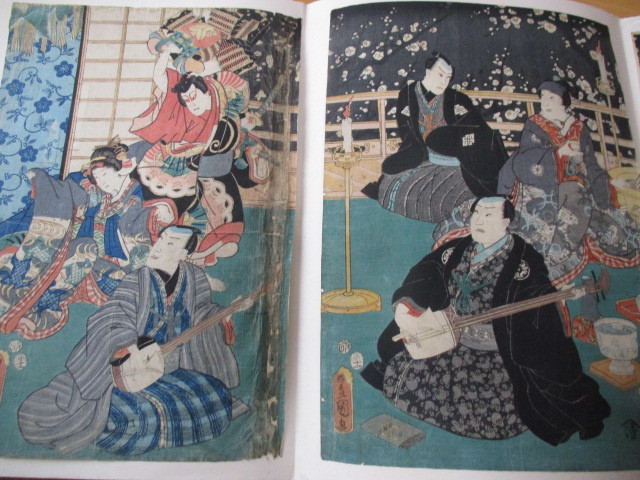 浮世絵の古美術・伎踊初狂宴之図・三枚組・山清・作者は豊国画・四か所・台紙張り込みの浮世絵の版画です_画像8