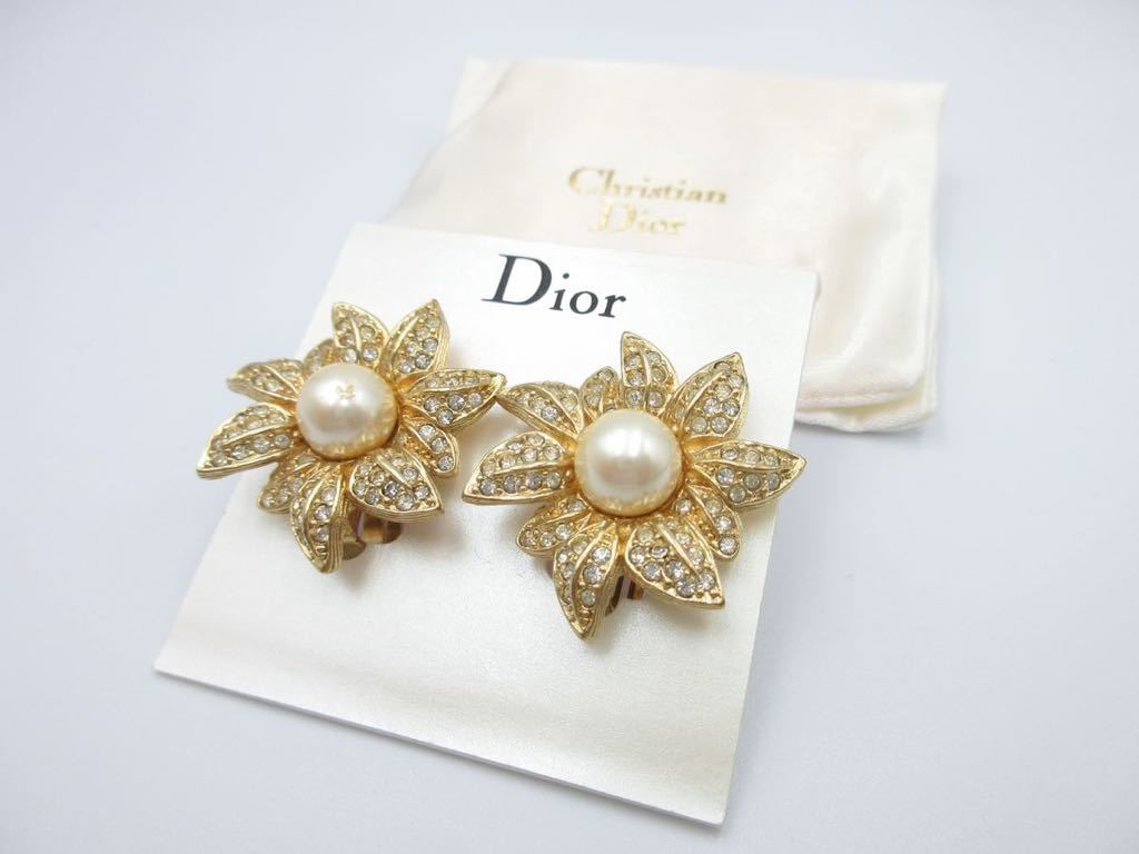 激レア】美品☆フラワー Christian Dior イヤリング フェイクパール ロゴ クリスチャン ディオール ヴィンテージ アクセサリー  y-p5-1(_t