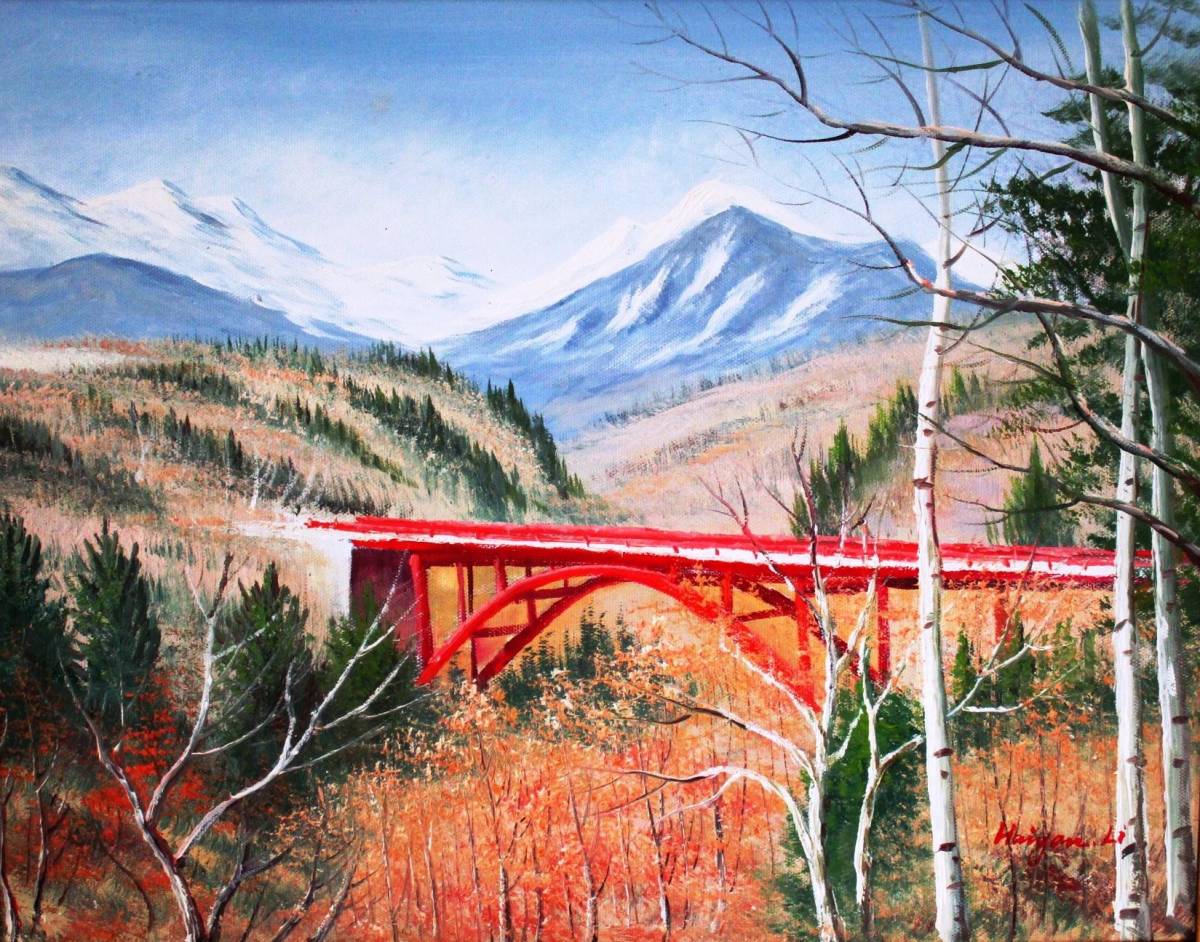 八ヶ岳絵画 油絵 風景画 東澤渓谷赤橋からの八ヶ岳 F6 WG178 爽やかさ