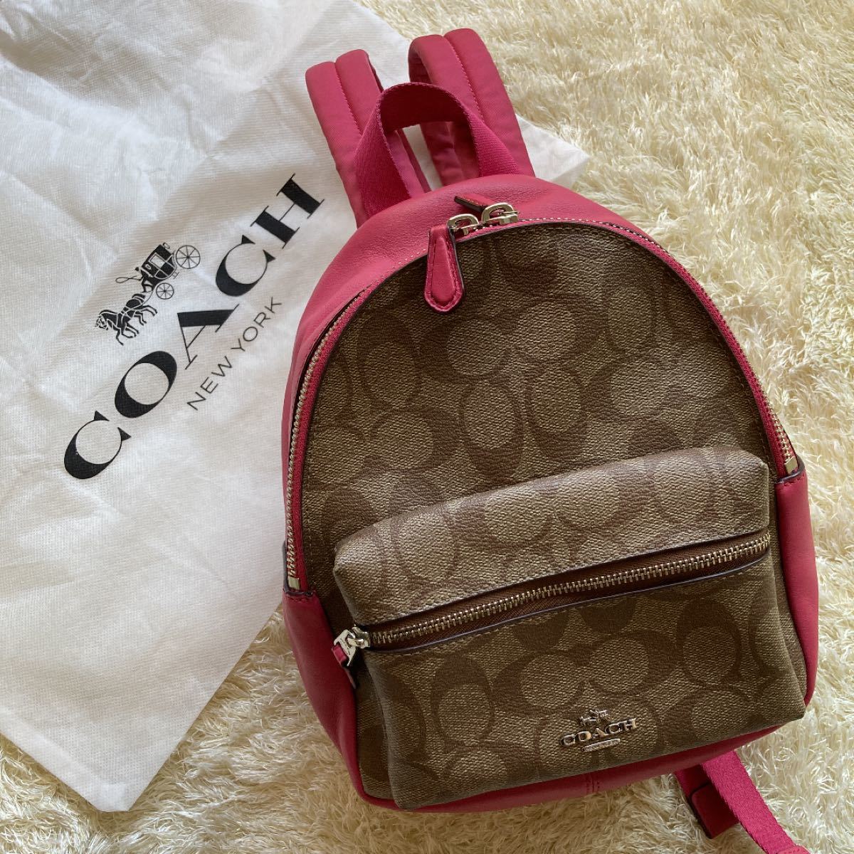 美品】COACH コーチ ミニバックパック リュック シグネチャー ピンク