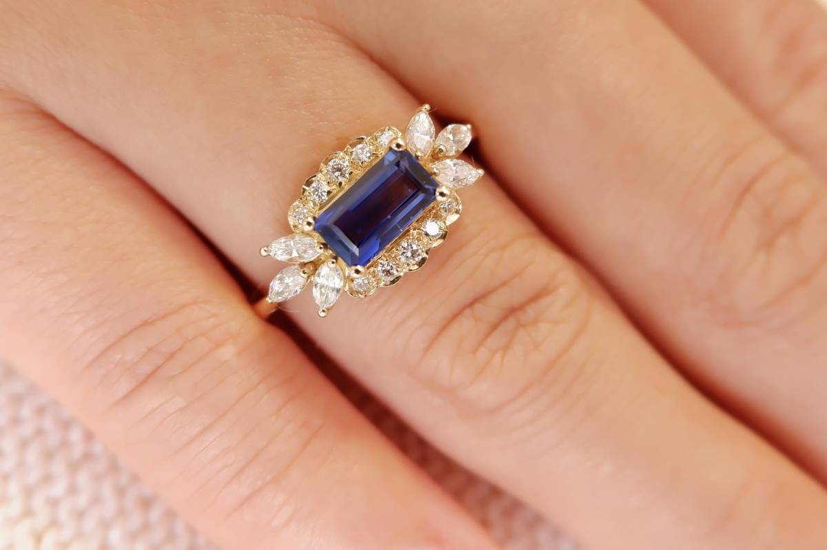 K18 sapphire 0.91ct diamond 0.39ct ring 14 number 750 YG