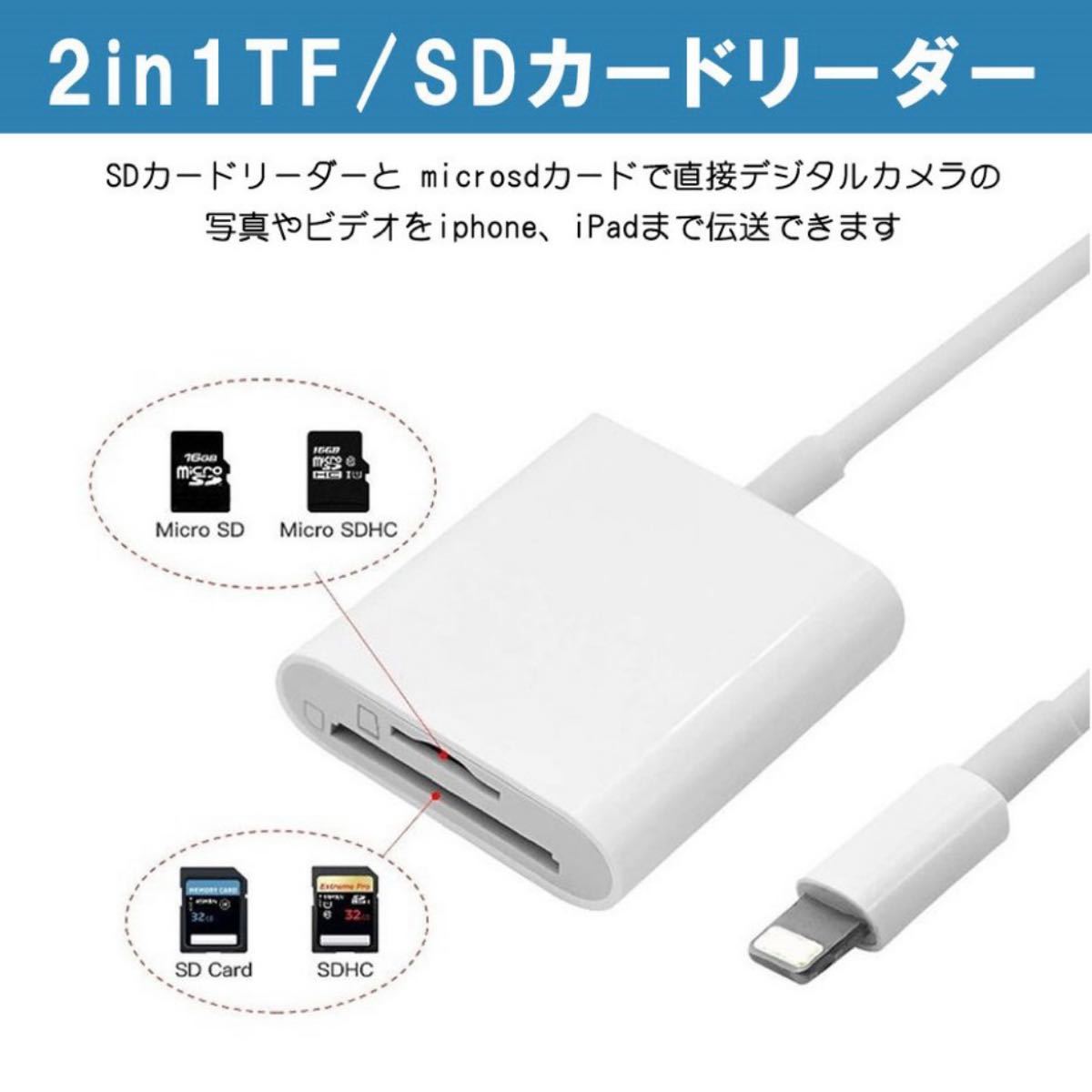 2in1 iphone SDカードリーダー iPhone iPad TFカード　写真　ビデオ　高速転送　OTG ios14 対応