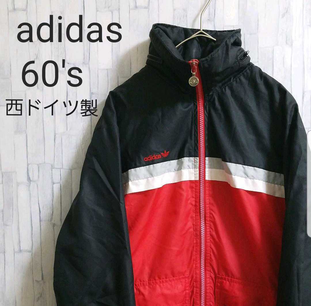 adidas オールド アディダス ナイロンジャケット ジャージ 上 トラックジャケット 60s 60年代 M ブラック×レッド トレフォイル 西ドイツ