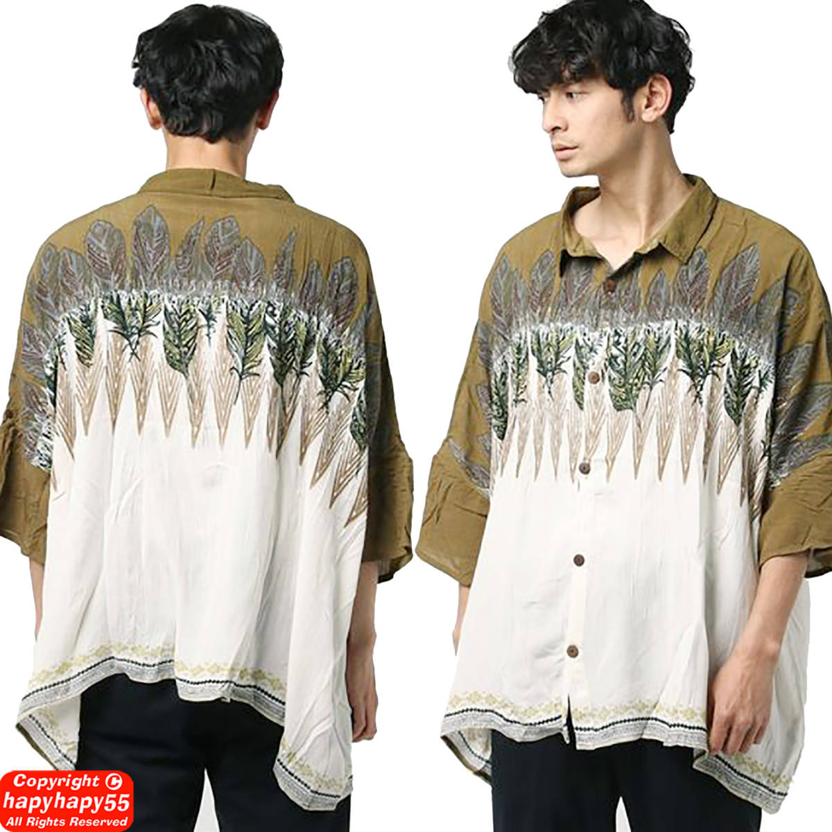 # tea i is ne feather print big Silhouette shirt * oversize ethnic folklore style Titicaca TITICACA Asian 