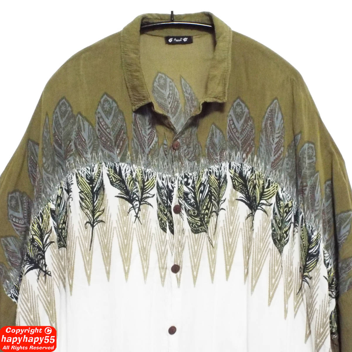 # tea i is ne feather print big Silhouette shirt * oversize ethnic folklore style Titicaca TITICACA Asian 