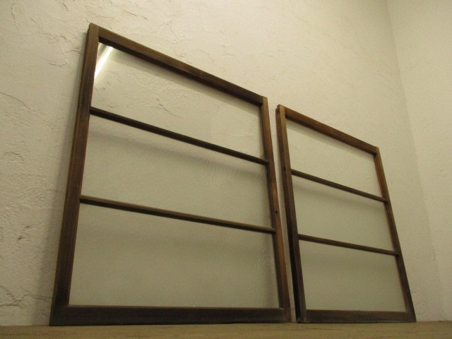 taX867*(2)[H103cm×W88cm]×2 листов * retro тест ... старый из дерева стекло дверь * двери раздвижная дверь Vintage lino беж .nK.1