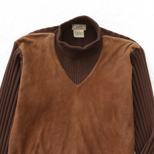 上質 Herms エルメス 山羊革 スエード スウェード×シルクウールニット ドッキングプルオーバー セーター sweater knit Suede leather A101_画像2