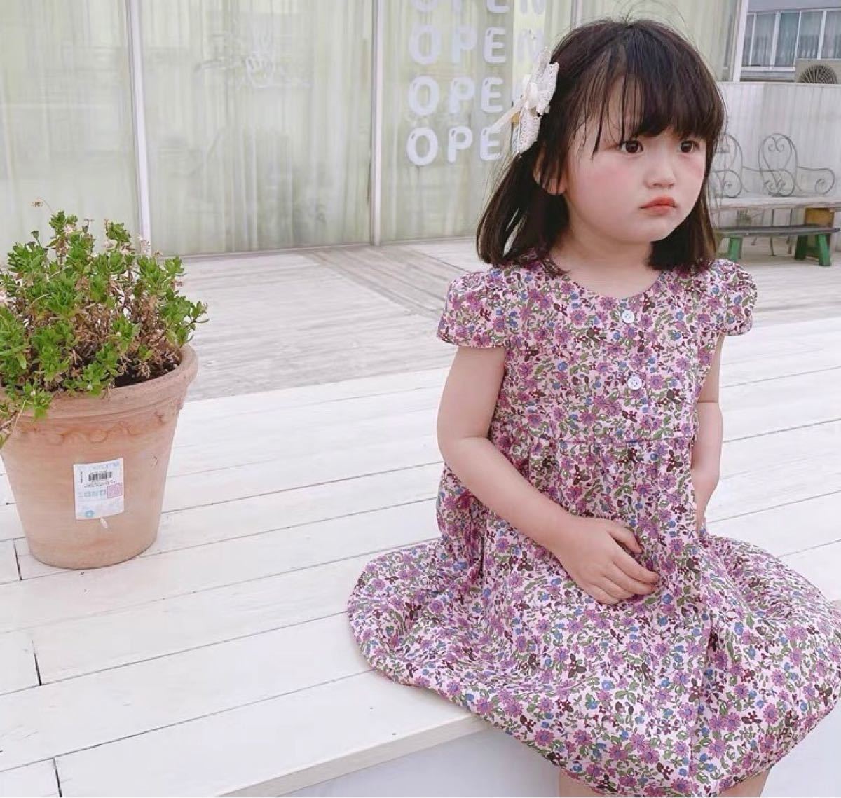 Paypayフリマ 新品未使用 小花柄ワンピース 紫 キッズワンピース 韓国子供服 女の子ワンピース