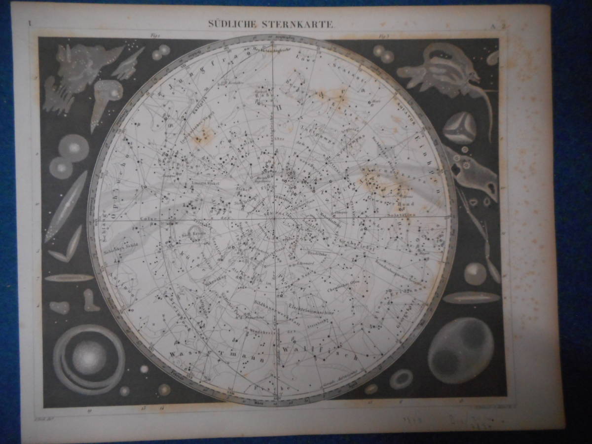 即決　アンティーク、天球図、天文、星座早見盤、星座図絵1849年『ヘック天文図鑑南半球図星図』Star map, Planisphere,Celestial atlas