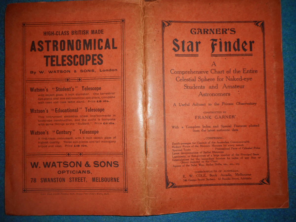 即決アンティーク古天文書astronomy、星座早見盤、天体観測、1911年『ガーナー星図』天体望遠鏡、Star map, Planisphere, Celestial atlas