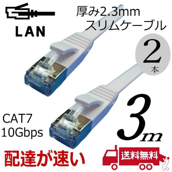 ★お買い得【2本セット】スリムフラットLANケーブル 3m Cat7 高速転送10Gbps RJ45コネクタツメ折れ防止 ノイズ対策シールドケーブル7SM03x2