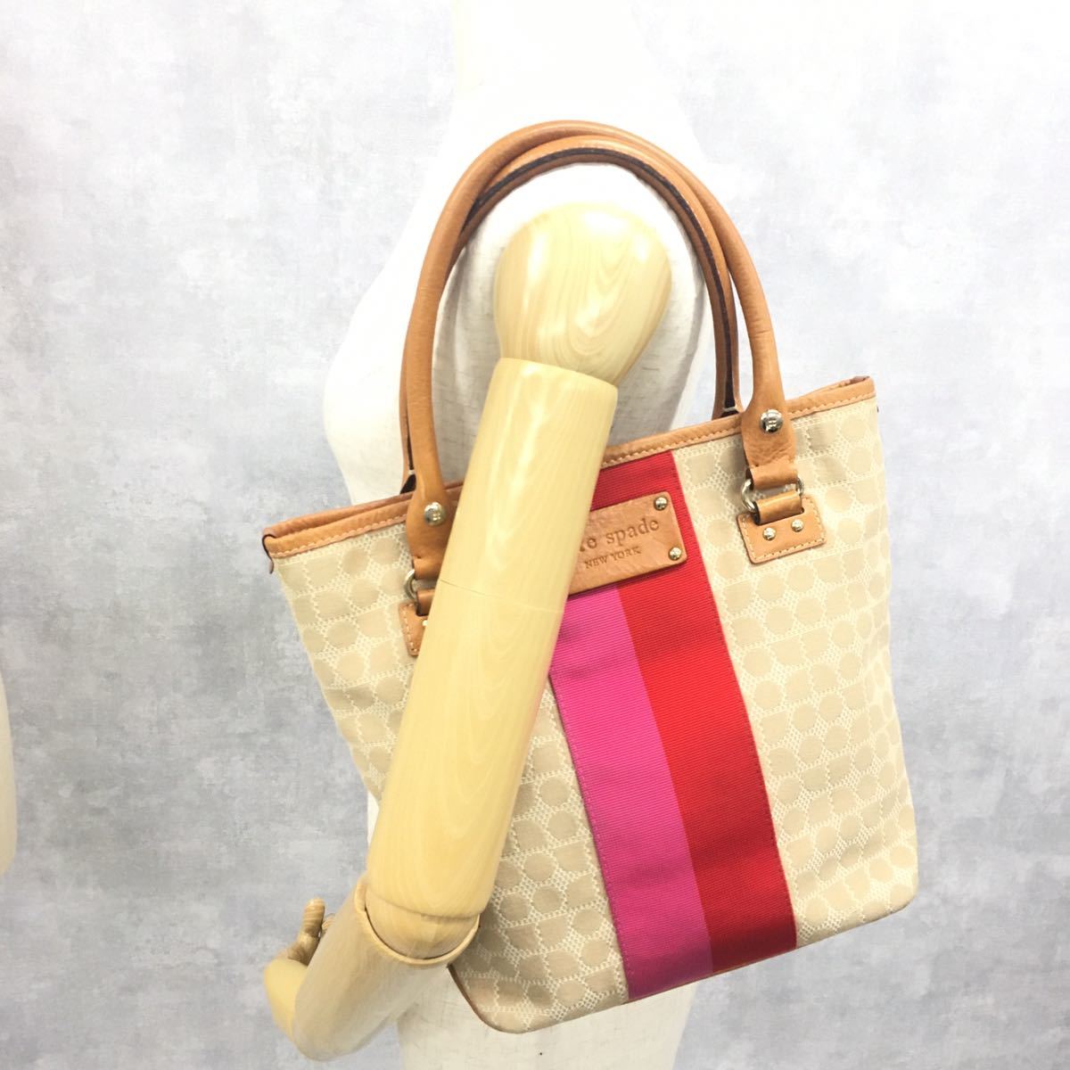 kate spade NEW YORK ケイトスペード ニューヨーク ハンドバッグ トートバッグ キャンバス レザーバッグ 裏地総柄 ドット 水玉 レディース