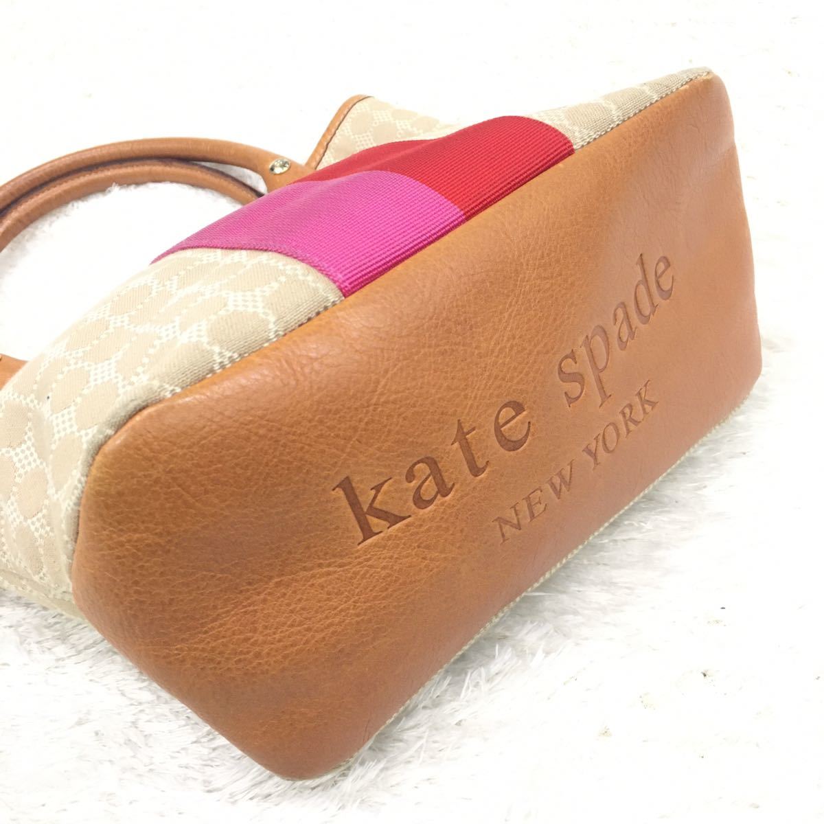 kate spade NEW YORK ケイトスペード ニューヨーク ハンドバッグ トートバッグ キャンバス レザーバッグ 裏地総柄 ドット 水玉 レディース