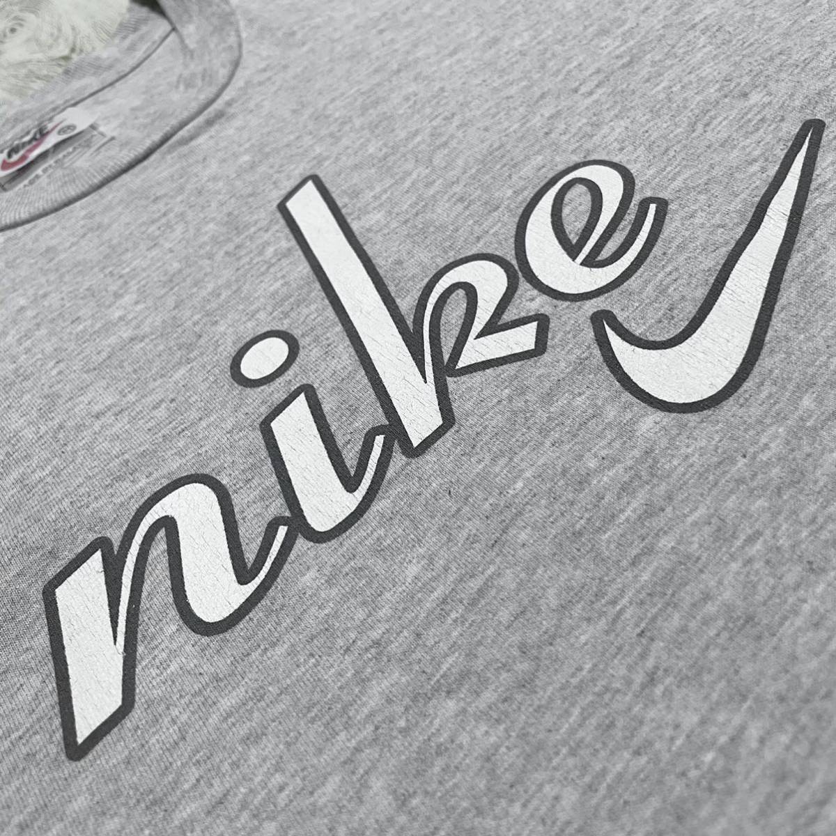 【90s】NIKE ナイキ ビッグプリント 筆記体ロゴ スウッシュ 白タグ 銀タグ ビッグシルエット 半袖 Tシャツ Lサイズ相当 霜降りグレー 古着