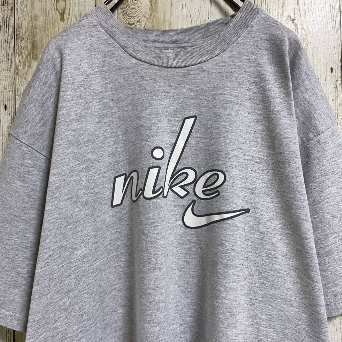 【90s】NIKE ナイキ ビッグプリント 筆記体ロゴ スウッシュ 白タグ 銀タグ ビッグシルエット 半袖 Tシャツ Lサイズ相当 霜降りグレー 古着