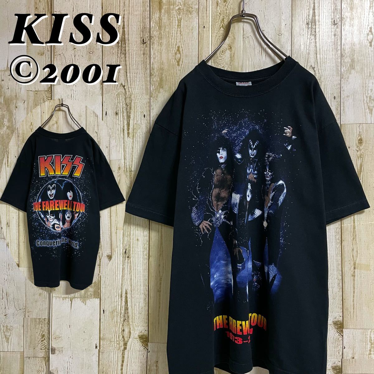 【アンビル】KISS キッス 両面プリント コピーライト 2001 正規品 ヘヴィメタル バンドTシャツ メタルTee Lサイズ相当 ブラック 古着