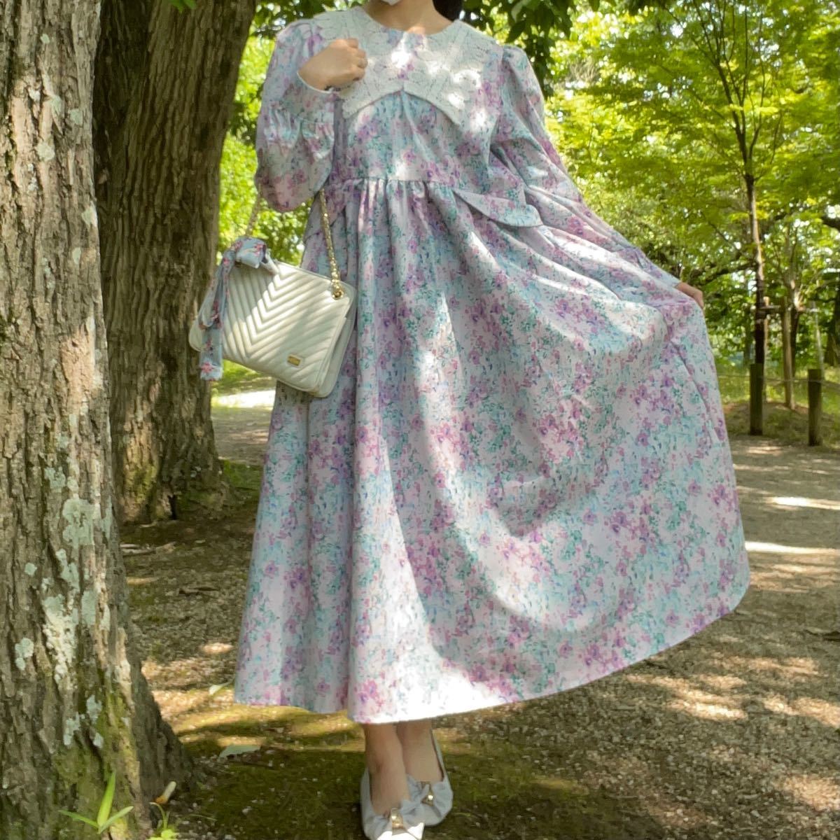Paypayフリマ ヴィンテージ ワンピース ドレス 花柄 レース襟 花柄ワンピース ロングワンピース パープル 水色 Paypayフリマ ヴィンテージ ワンピース ドレス 花柄 レース襟 花柄ワンピース ロングワンピース パープル 水色