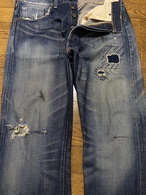 ※LEVI'S リーバイス LVC LOT 44501 セルビッチ Big-E 隠リベット ダメージ加工デニムパンツ 未裾直 日本製 インディゴ 34 BJBA.E_画像7