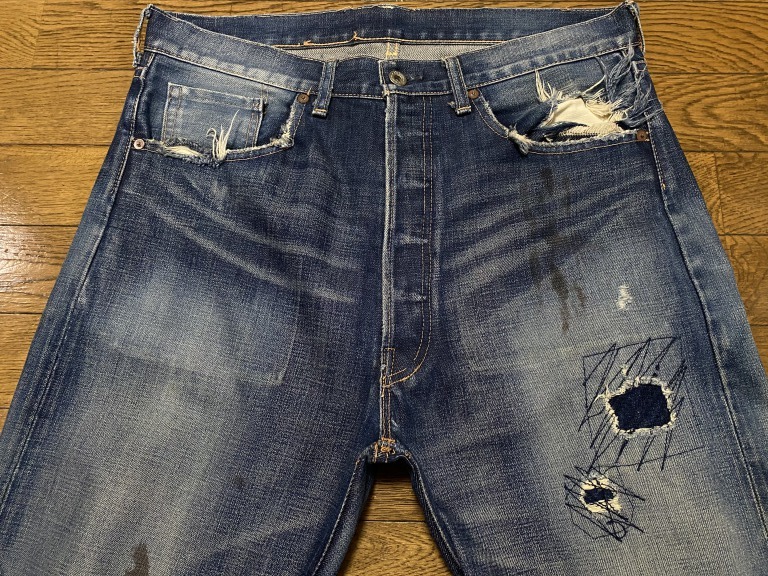 ※LEVI'S リーバイス LVC LOT 44501 セルビッチ Big-E 隠リベット ダメージ加工デニムパンツ 未裾直 日本製 インディゴ 34 BJBA.E_画像6