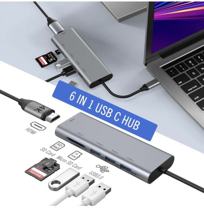 USB C ハブ USB type C ハブ 変換アダプター 6in1 Type C ハブ マルチ変換アダプター USB3.0 ポート 4K 高画質 HDMI出力ポート