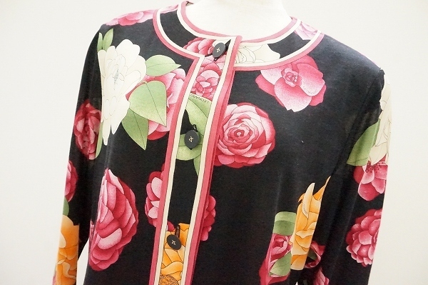 apc レオナール LEONARD カーディガン L 黒 赤 花柄 シルク混