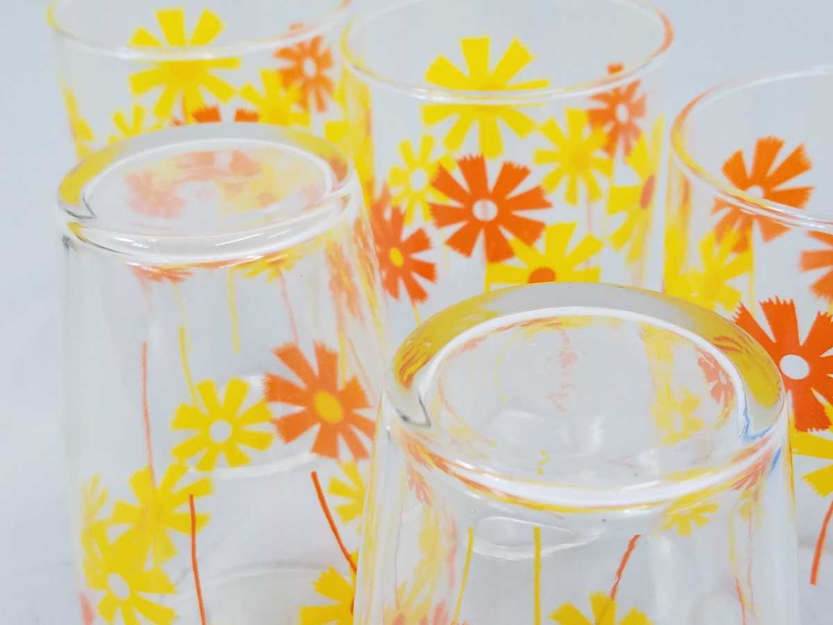 [ unused ] Showa Retro floral print glass 5 customer set height approximately 10.5cm boxed retro pop glass orange glass glass tumbler 