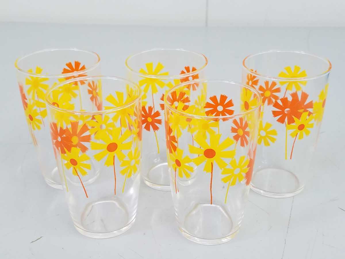 [ unused ] Showa Retro floral print glass 5 customer set height approximately 10.5cm boxed retro pop glass orange glass glass tumbler 