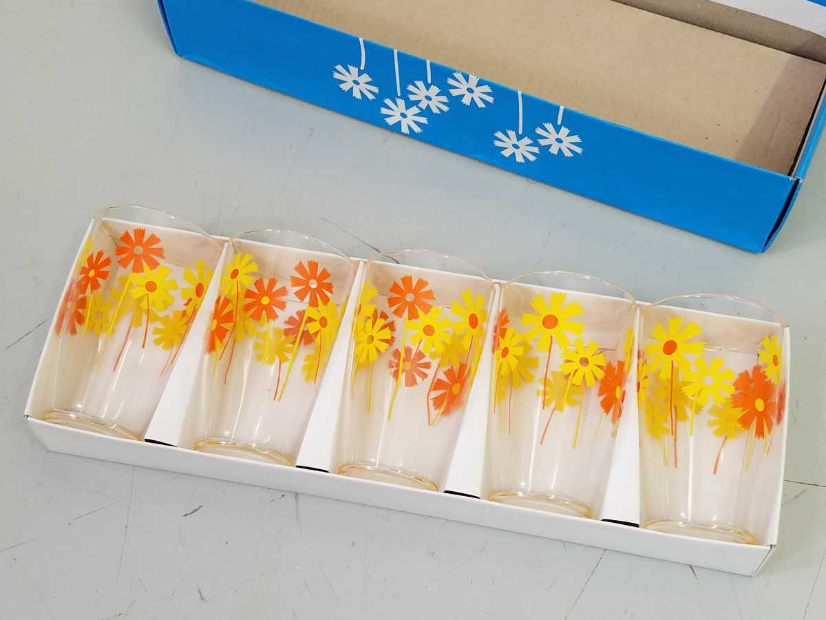 [ unused ] Showa Retro floral print glass 5 customer set height approximately 10.5cm boxed retro pop glass orange glass glass tumbler 